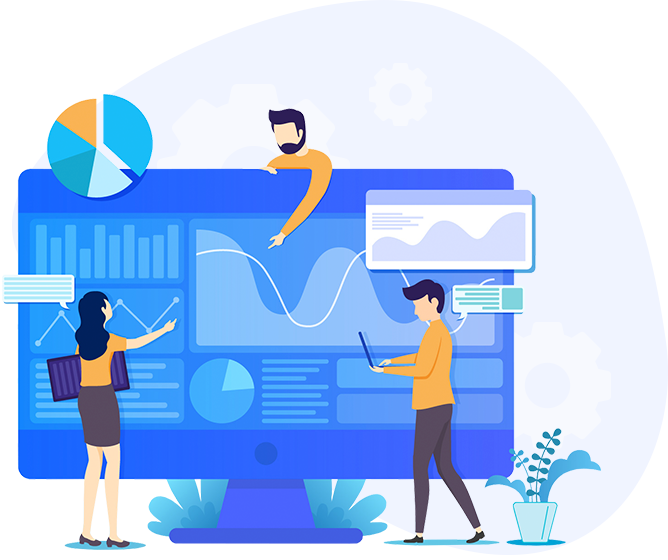Illustration of people analyzing data on a large computer screen with charts and graphs