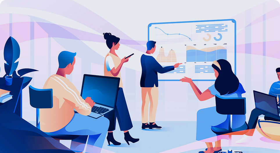 Website development team discussing project analytics and design strategy using laptops and digital charts