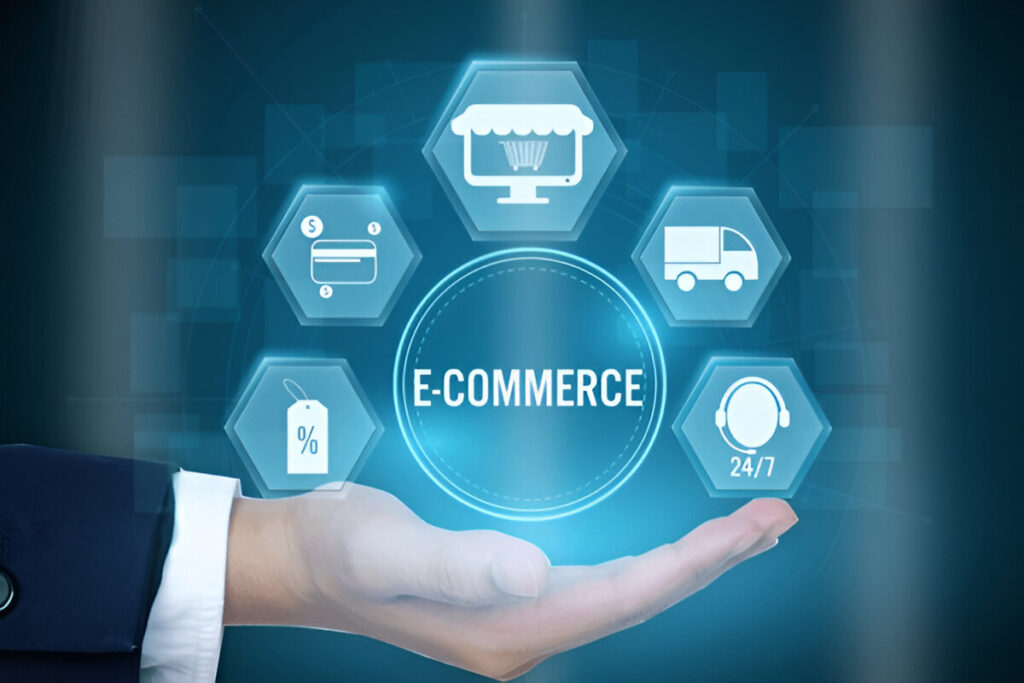 Hand holding digital icons representing e-commerce, delivery, payment, and customer support
