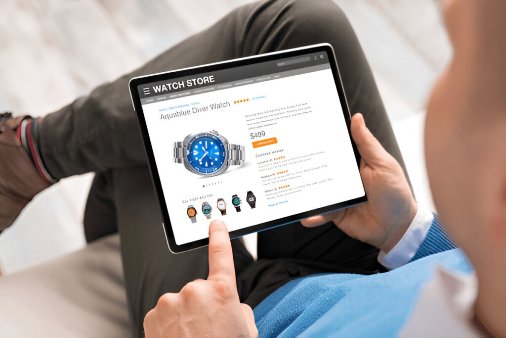 Person shopping for a wristwatch on a tablet displaying an online watch store