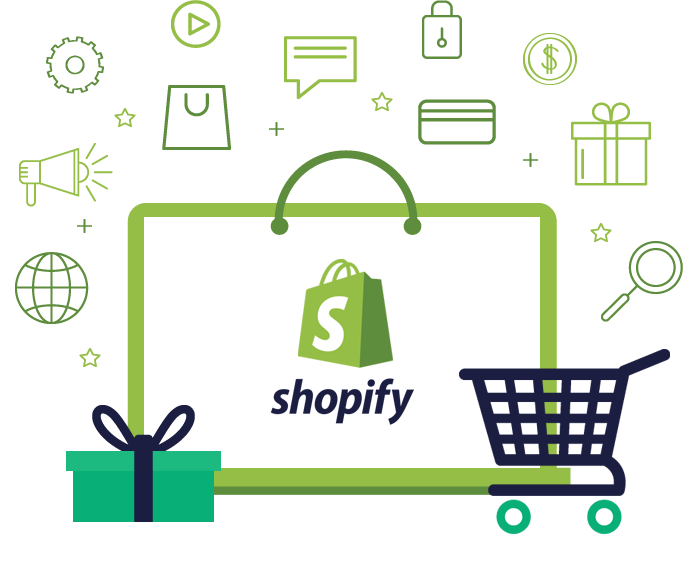 Shopify eCommerce development illustration with shopping cart and gift icons