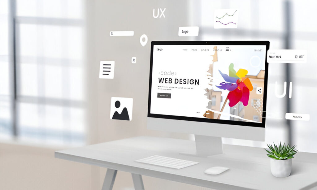 Web design workspace with computer showcasing UI and UX elements