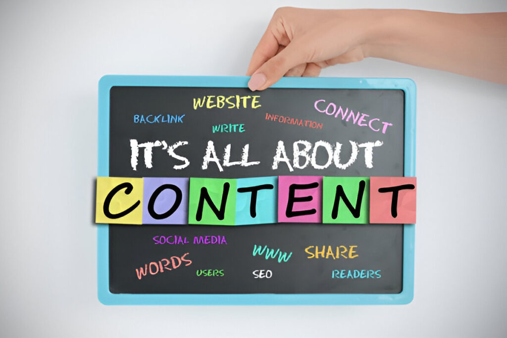 Board showing ‘It’s All About Content’ with SEO and marketing terms