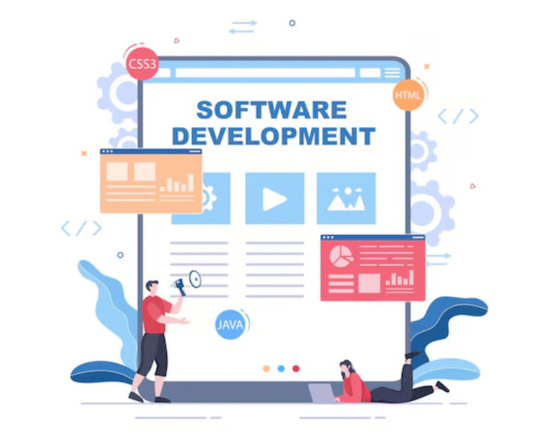 Illustration of custom software development with developers, coding languages like Java, HTML, and CSS3, and digital interface elements.