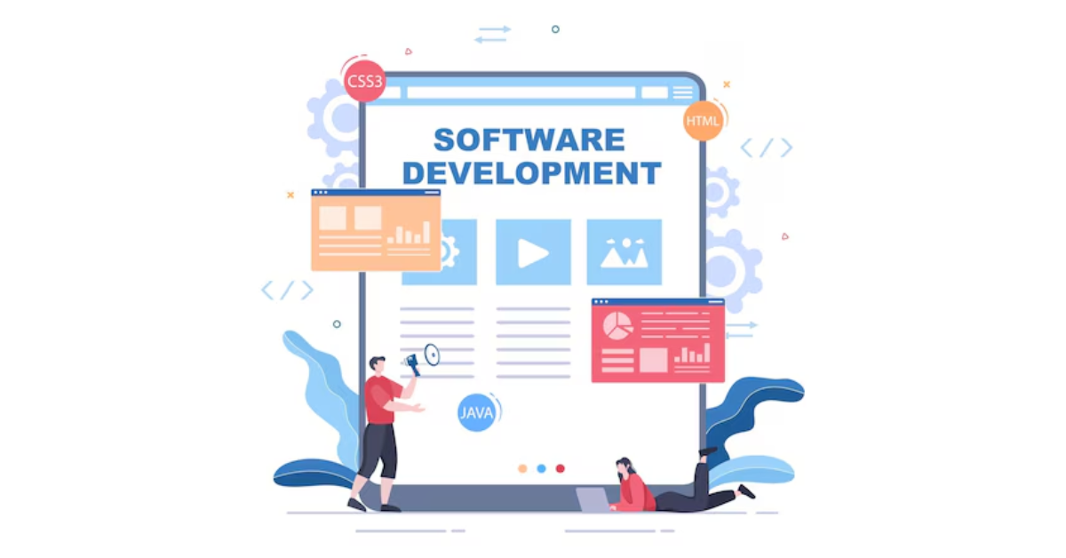 Illustration of custom software development with developers, coding languages like Java, HTML, and CSS3, and digital interface elements.