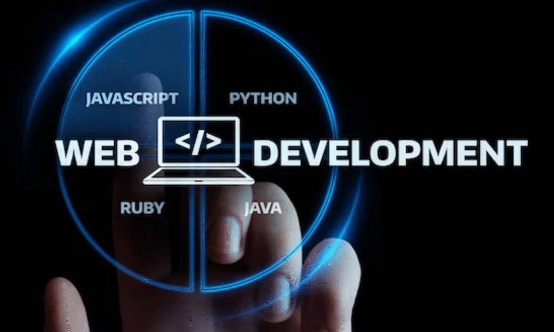 Web development concept with glowing circular design featuring programming languages JavaScript, Python, Ruby, and Java, with a laptop icon at the center.