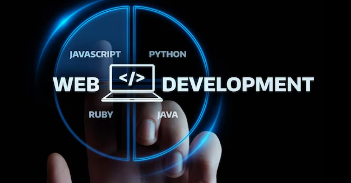 Web development concept with glowing circular design featuring programming languages JavaScript, Python, Ruby, and Java, with a laptop icon at the center.
