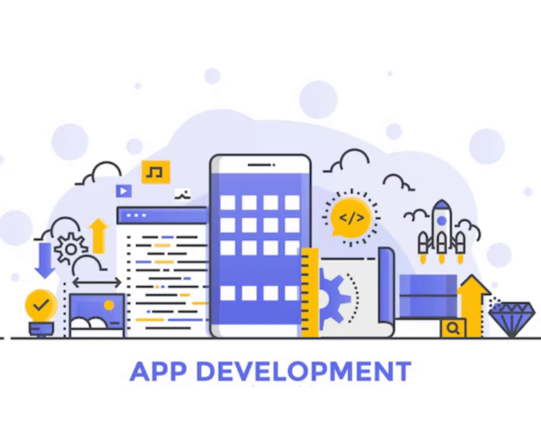Illustration of mobile app development with smartphone, coding screen, gears, rocket, and digital icons representing technology and innovation.